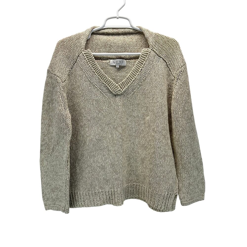 NHBT Inhabit Warm Stone Layered V-Neck Chunky Knit Sweater Cotton S